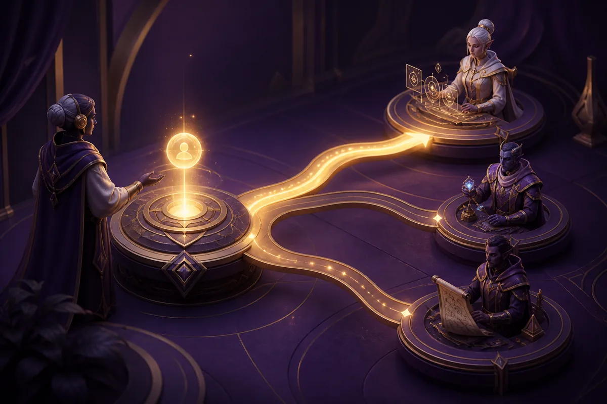 A golden request path routing from a frontdesk to specialist mercenaries